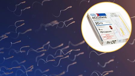 Background image shows sperm swimming. Image in top right corner is of the acne drug, accutane in a box.