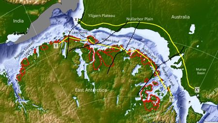 Configuration of East Antarctica, Australia, and India prior to continental break-up. Red outlines show the flat surfaces mapped in this study.