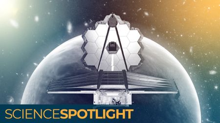 A photo illustration of JWST hovering over an alien planet