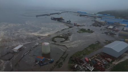 An aerial view of the city of Severo-Kurilsk flooded due to tsunami triggered by the 8.8 magnitude earthquake struck off Russia's Kamchatka Peninsula on July 30, 2025.